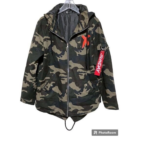 SZS Hooded Camo Jacket XL Canvas Oversized Gorpcore Graphic Print Spellout - Picture 4 of 13